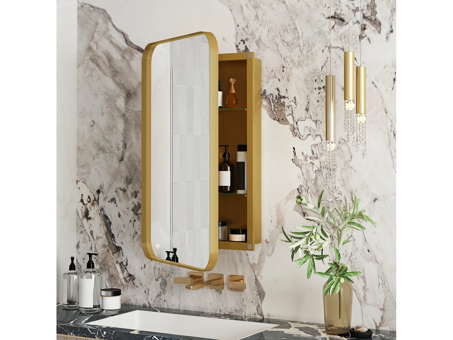 Miroir de salle de bain - armoire de rangement avec miroir - étagère réglable - 76 x 51 cm - or