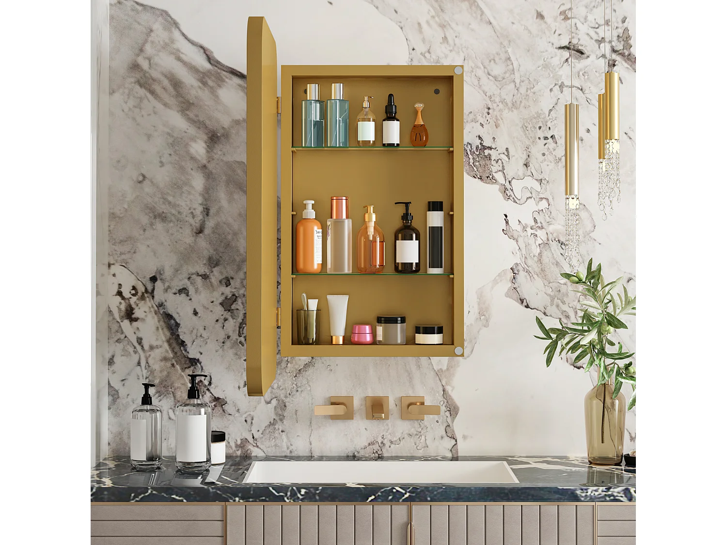 Miroir de salle de bain - armoire de rangement avec miroir - étagère réglable - 76 x 51 cm - or