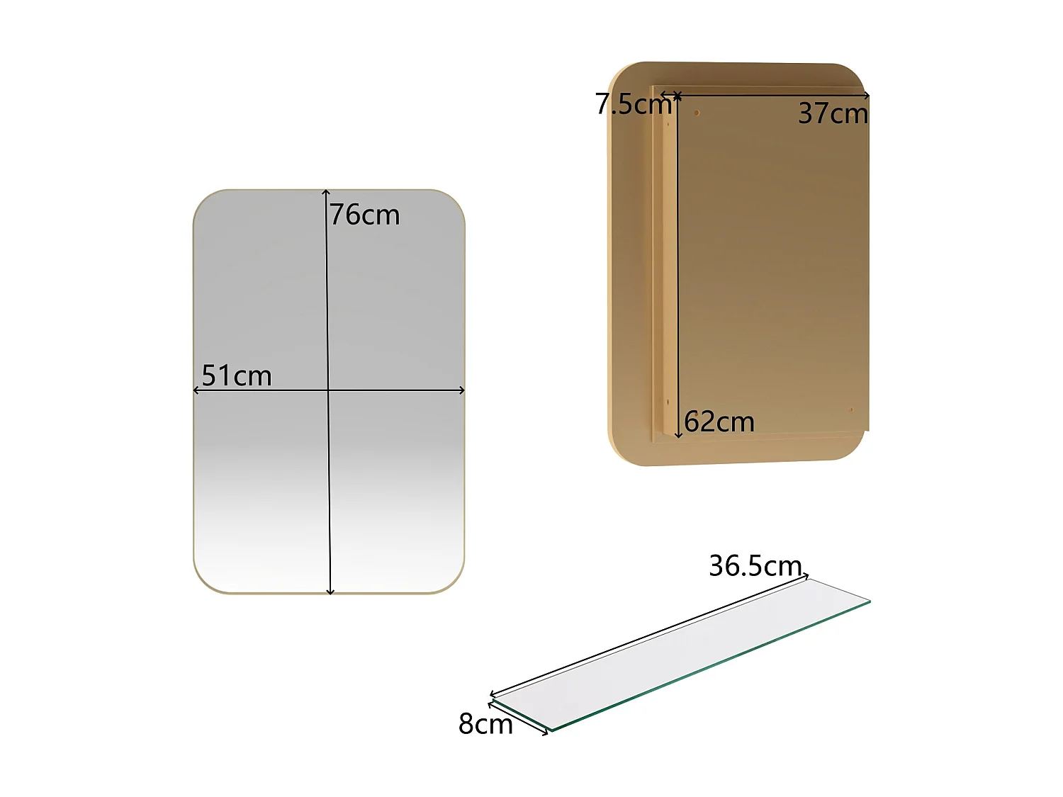 Miroir de salle de bain - armoire de rangement avec miroir - étagère réglable - 76 x 51 cm - or