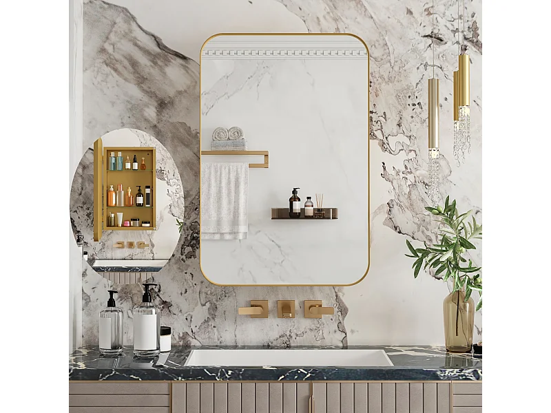 Miroir de salle de bain - armoire de rangement avec miroir - étagère réglable - 76 x 51 cm - or