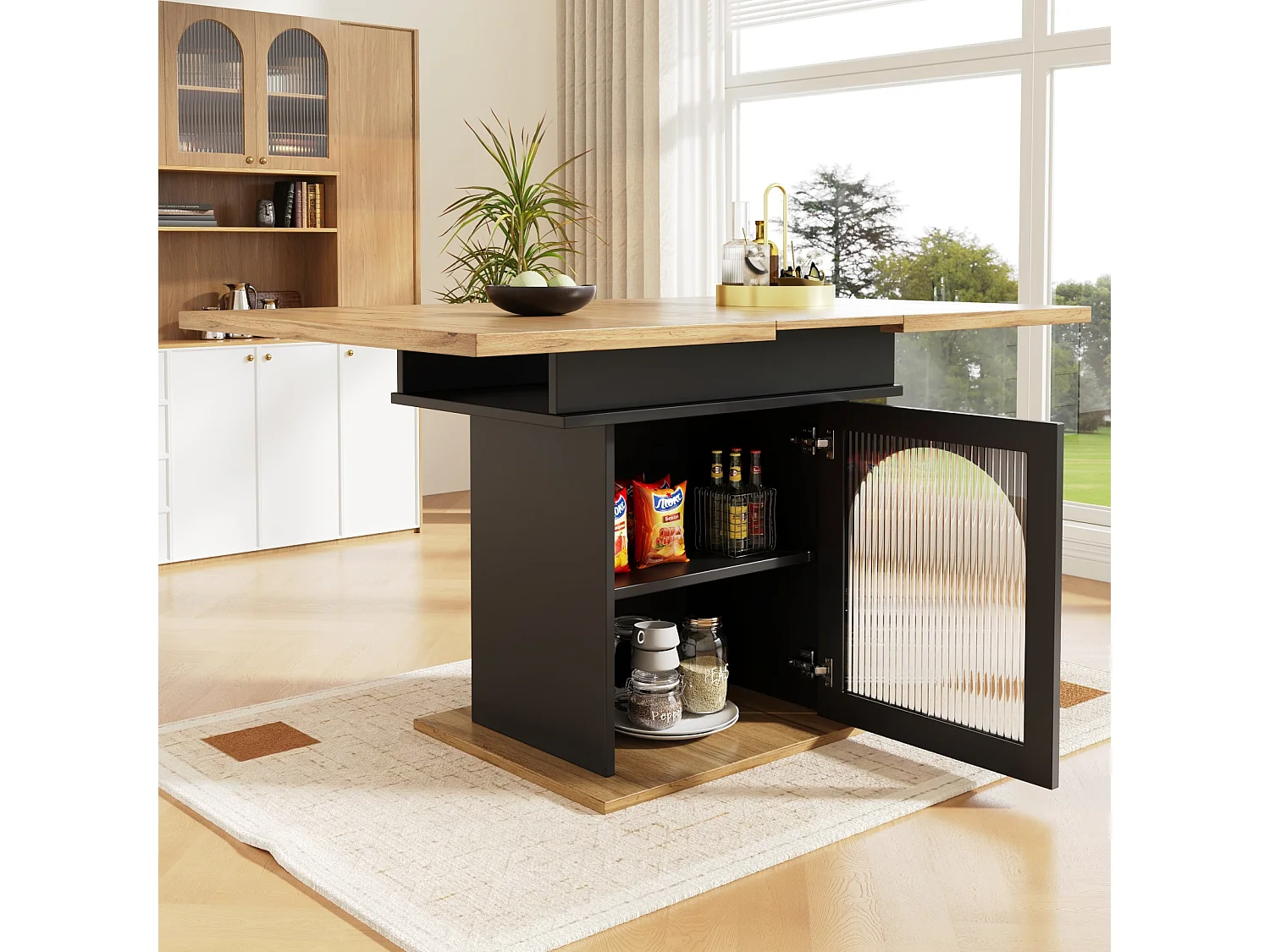 Table de salle à manger extensible - trois étagères de rangement intégrées réglables en hauteur - 110/140×80×76cm - noir