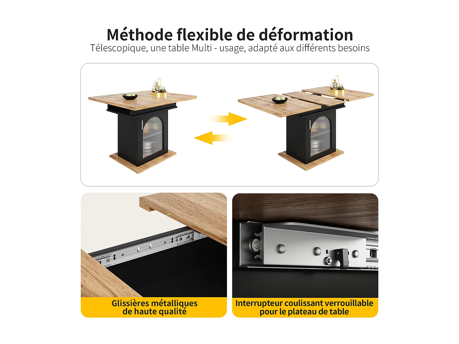 Table de salle à manger extensible - trois étagères de rangement intégrées réglables en hauteur - 110/140×80×76cm - noir