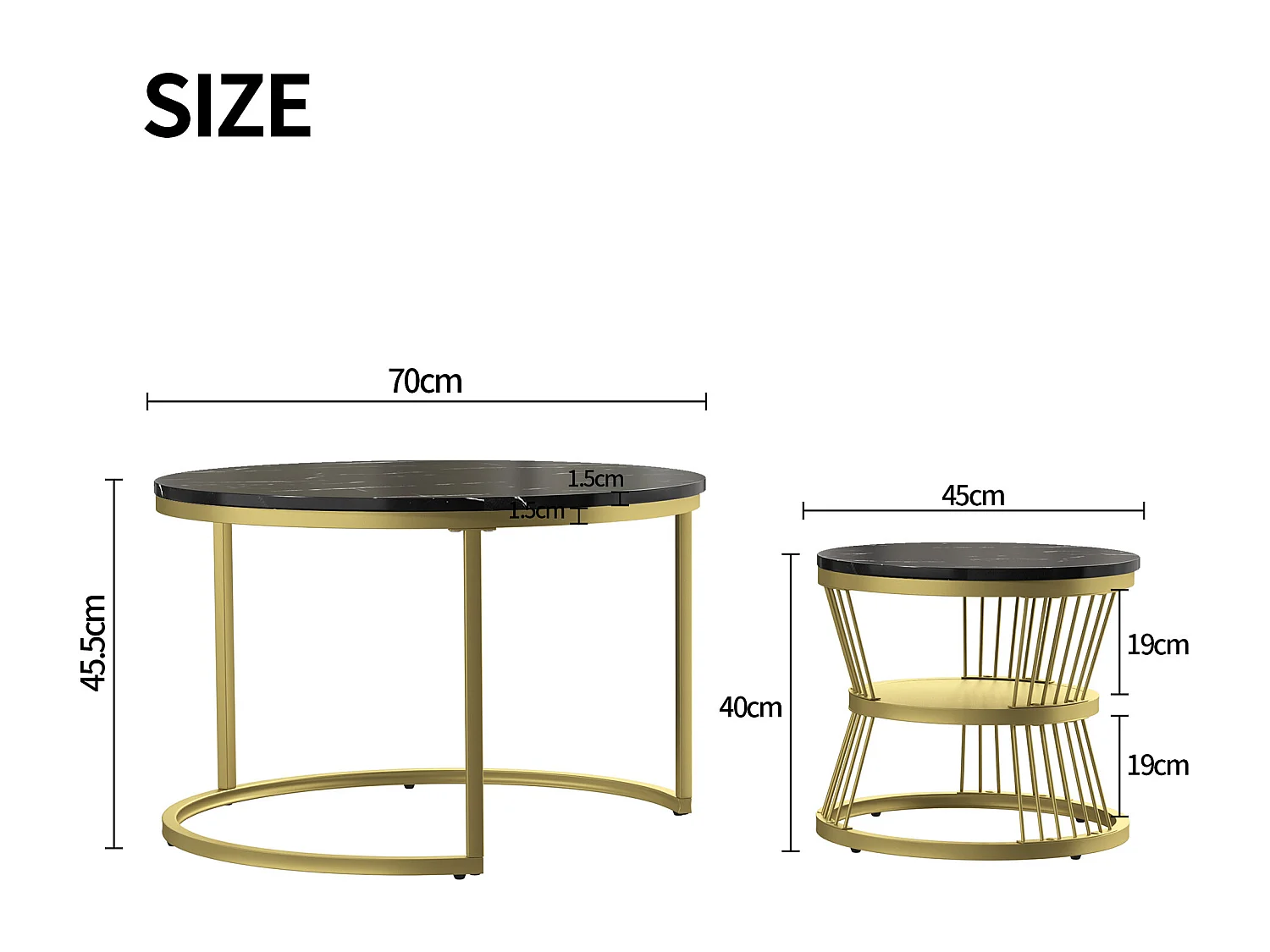 Ensemble de 2 tables basses rondes pour salon, table d'appoint, tables gigognes, aspect marbre, noir