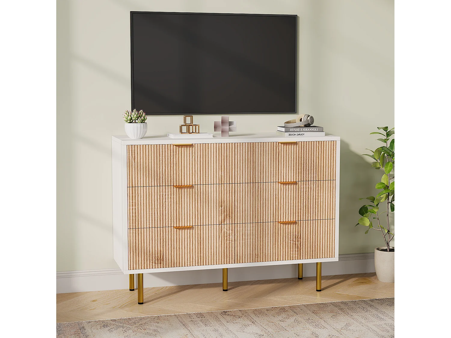 Commode à 6 tiroirs - à panneaux cannelés et pieds dorés - 100 x 34 x 7 cm