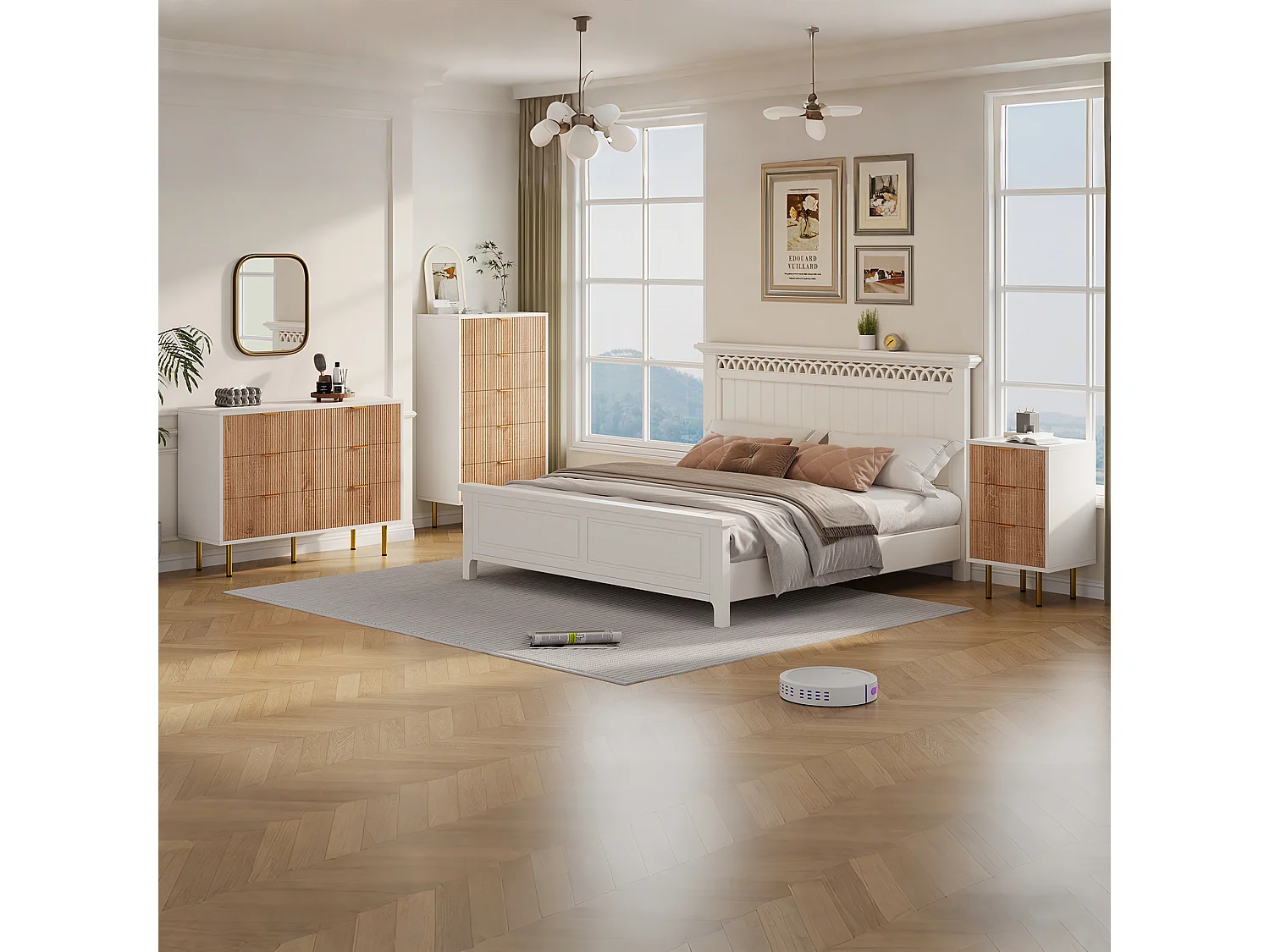 Commode à 6 tiroirs - à panneaux cannelés et pieds dorés - 100 x 34 x 7 cm