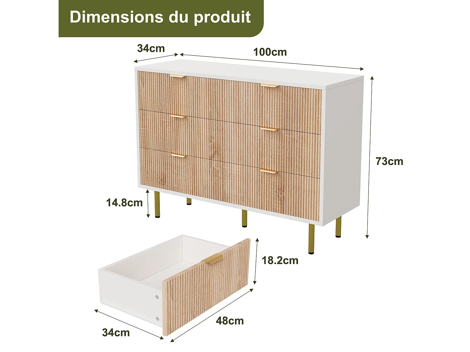 Commode à 6 tiroirs - à panneaux cannelés et pieds dorés - 100 x 34 x 7 cm