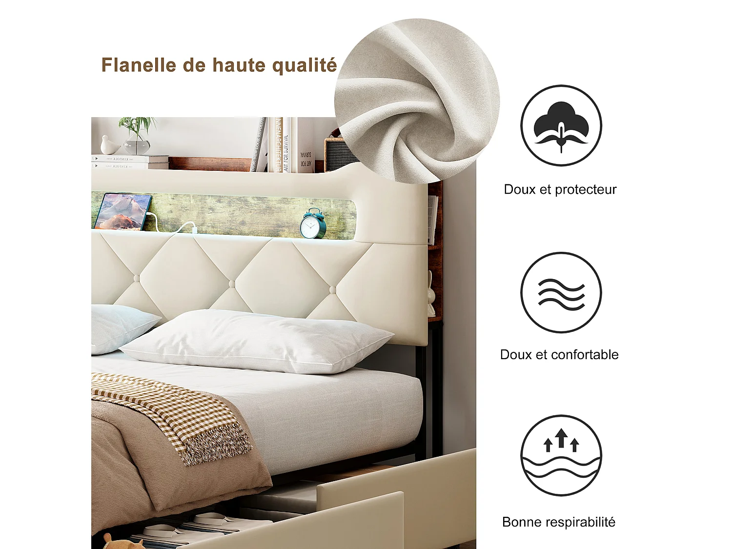 Lit double 140x190 cm - lit avec éclairage LED et port USB - lit coffre avec 4 tiroirs - velours - Beige
