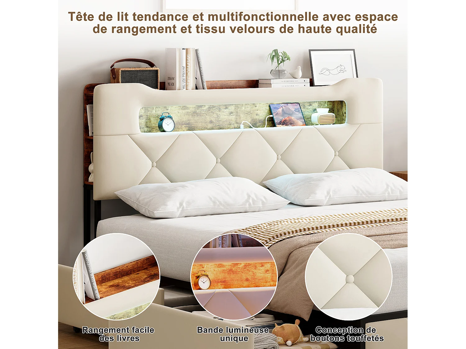 Cama doble 140x190 cm - cama con iluminación LED y puerto USB - canapé con 4 cajones - terciopelo - Beige