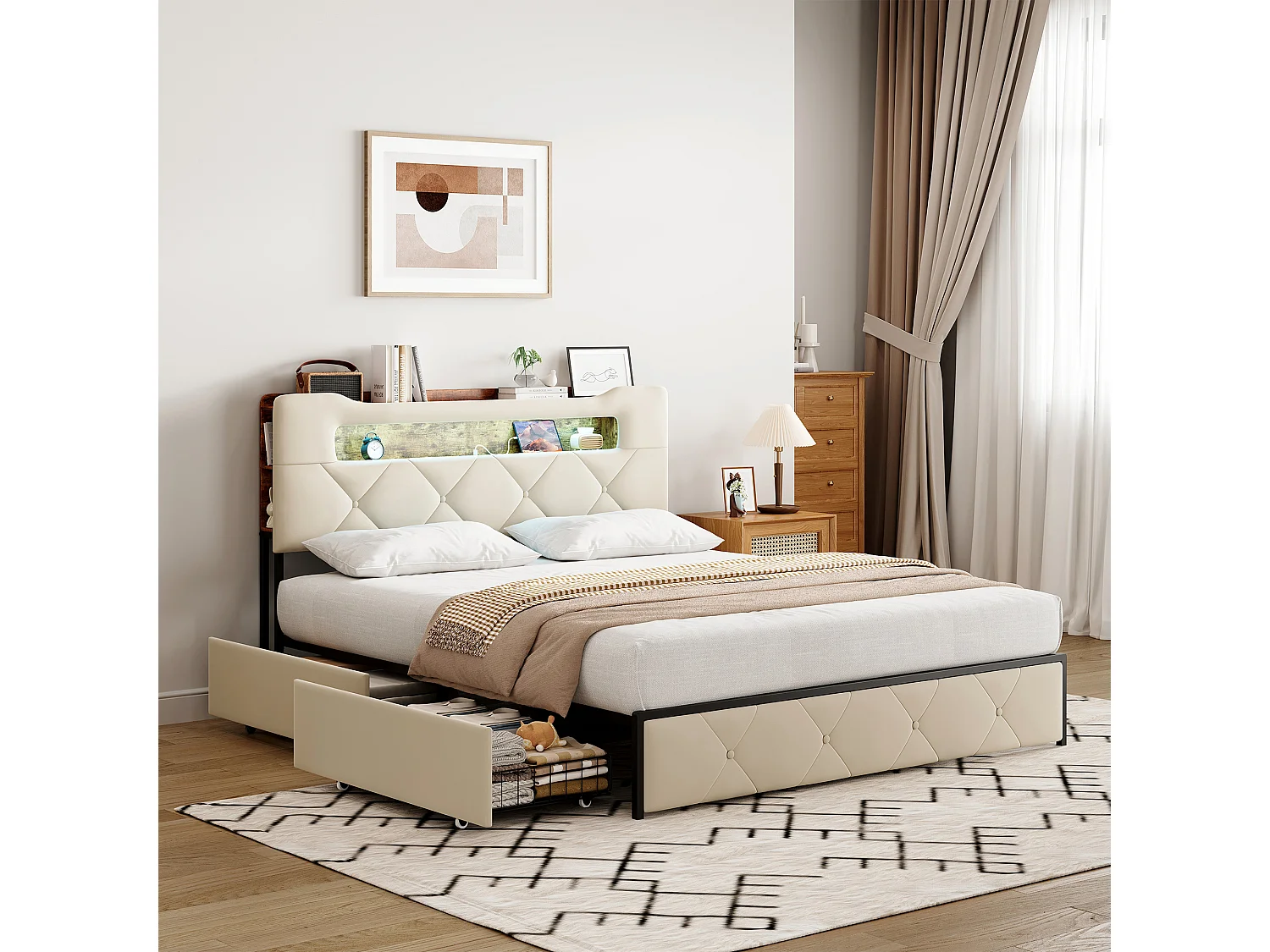 Cama doble 140x190 cm - cama con iluminación LED y puerto USB - canapé con 4 cajones - terciopelo - Beige