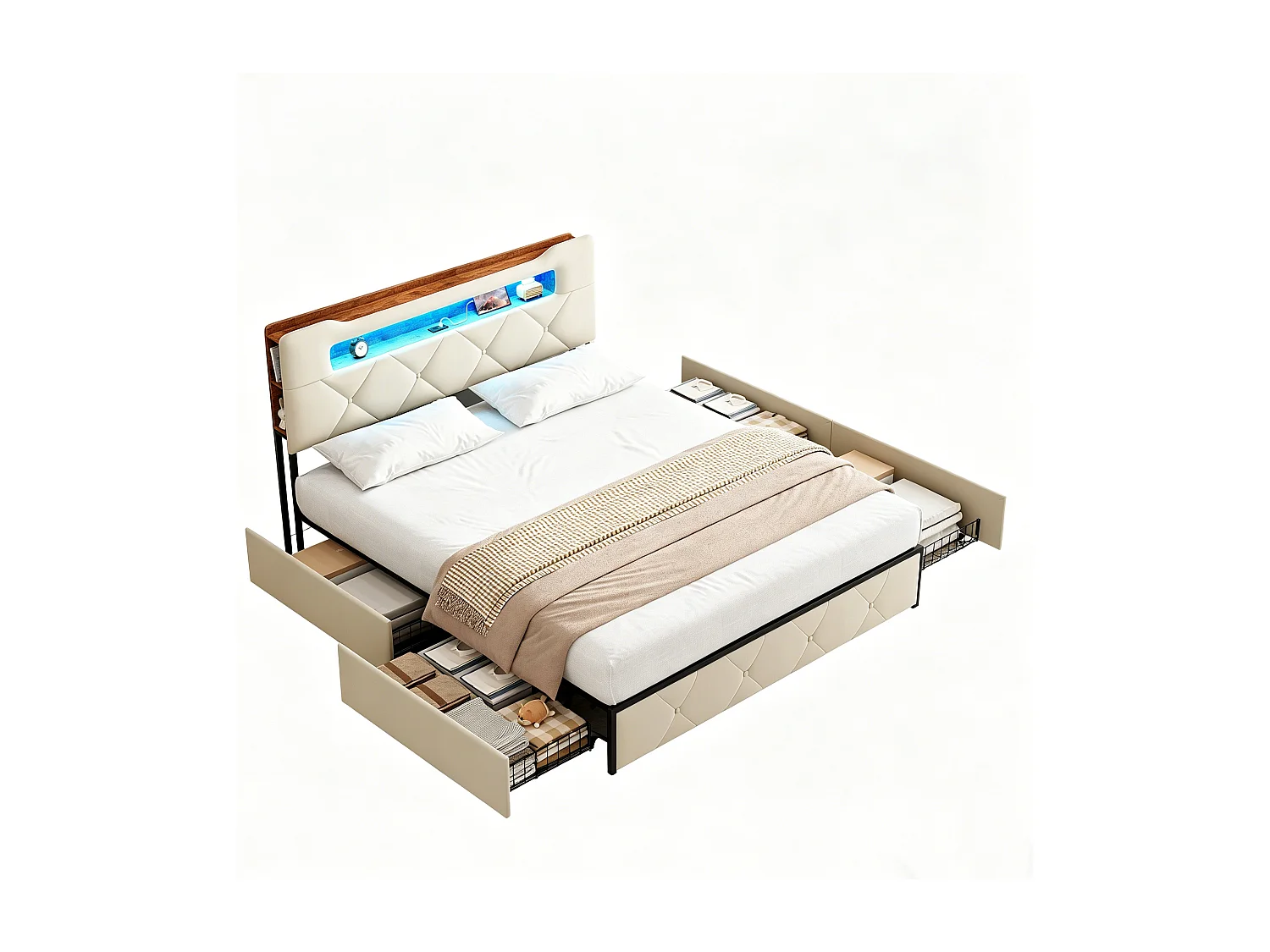 Cama doble 140x190 cm - cama con iluminación LED y puerto USB - canapé con 4 cajones - terciopelo - Beige