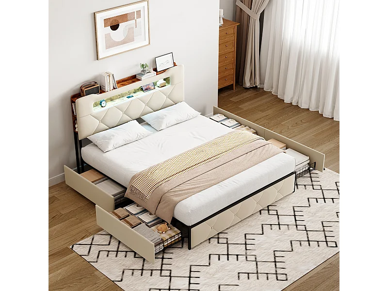 Lit double 140x190 cm - lit avec éclairage LED et port USB - lit coffre avec 4 tiroirs - velours - Beige