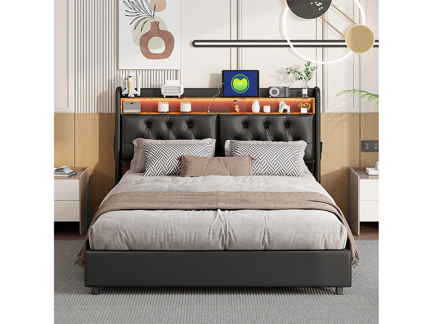 Lit double 180x200 cm - tête de lit avec éclairage LED et ports USB- espace de rangement hydraulique - PU - noir