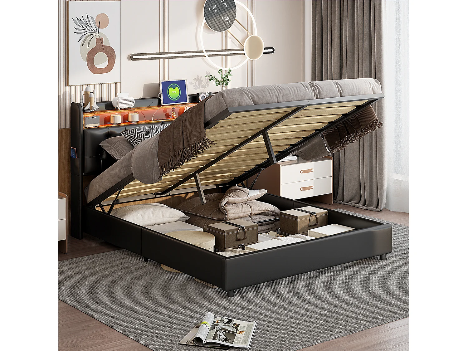 Lit double 180x200 cm - tête de lit avec éclairage LED et ports USB- espace de rangement hydraulique - PU - noir