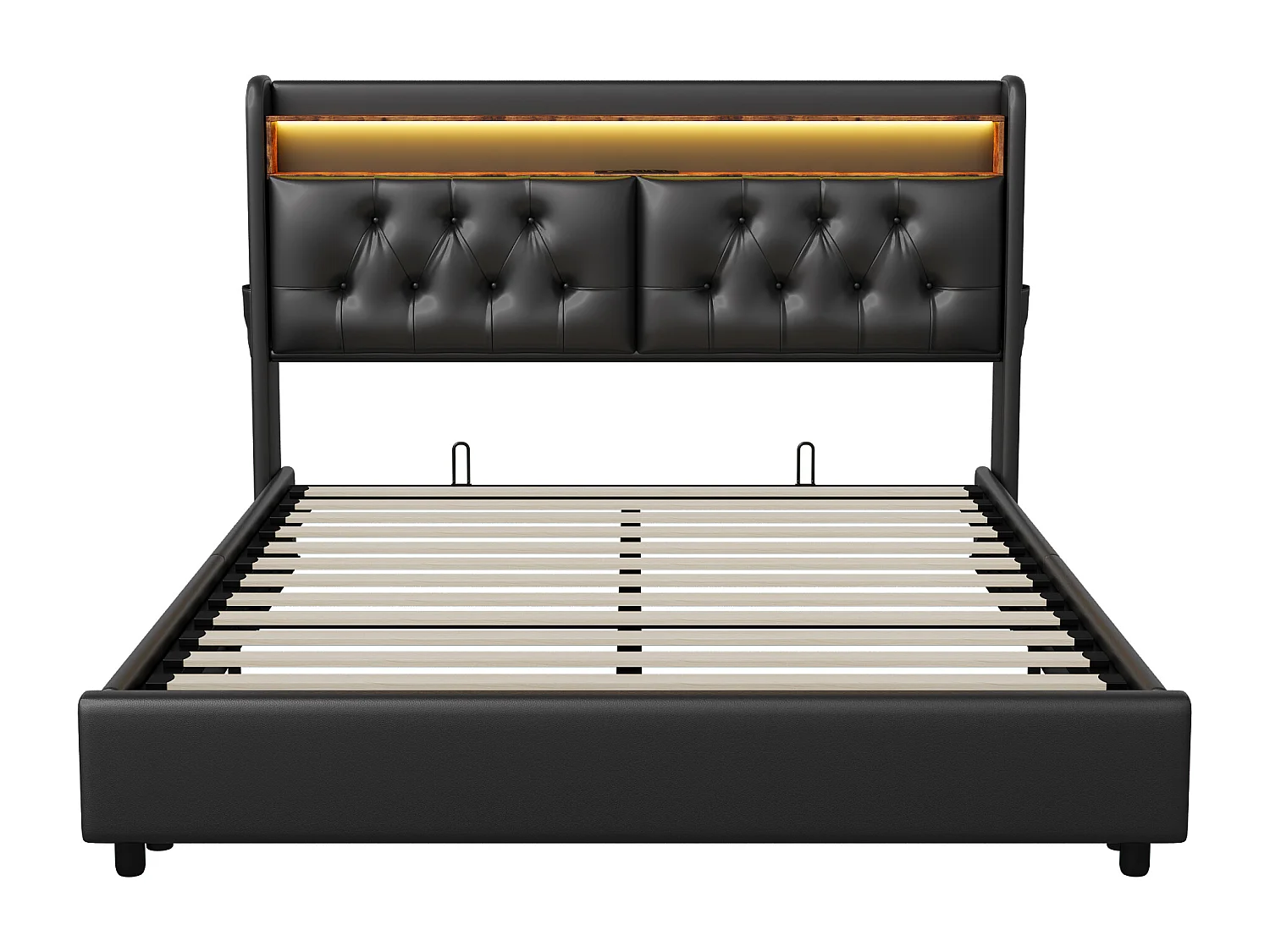 Lit double 180x200 cm - tête de lit avec éclairage LED et ports USB- espace de rangement hydraulique - PU - noir