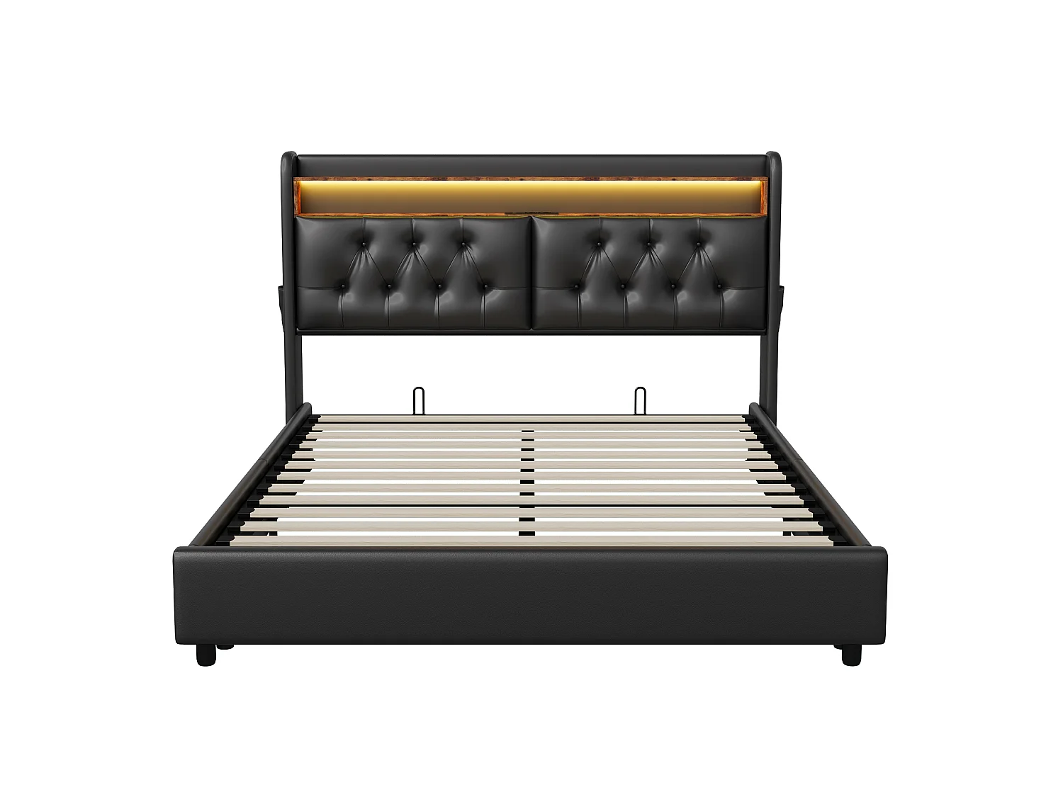 Tweepersoonsbed 180x200 cm - hoofdeinde met ledverlichting en USB-poorten - hydraulische opbergruimte - PU - zwart