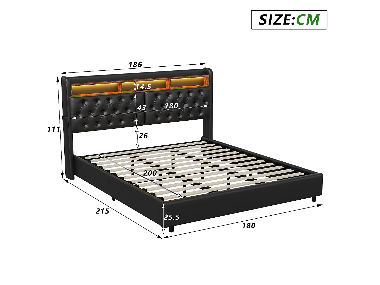 Tweepersoonsbed 180x200 cm - hoofdeinde met ledverlichting en USB-poorten - hydraulische opbergruimte - PU - zwart