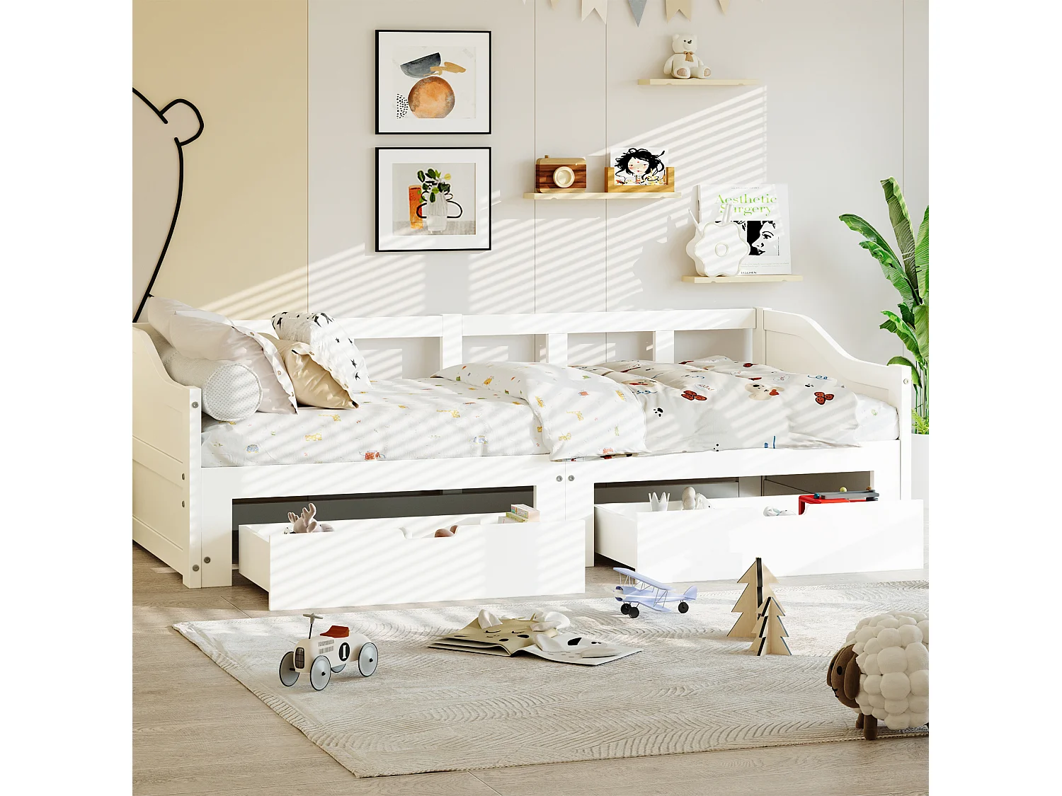 Lit gigogne 90/180 x 200 cm - canapé-lit extensible en bois avec 2 tiroirs - Blanc