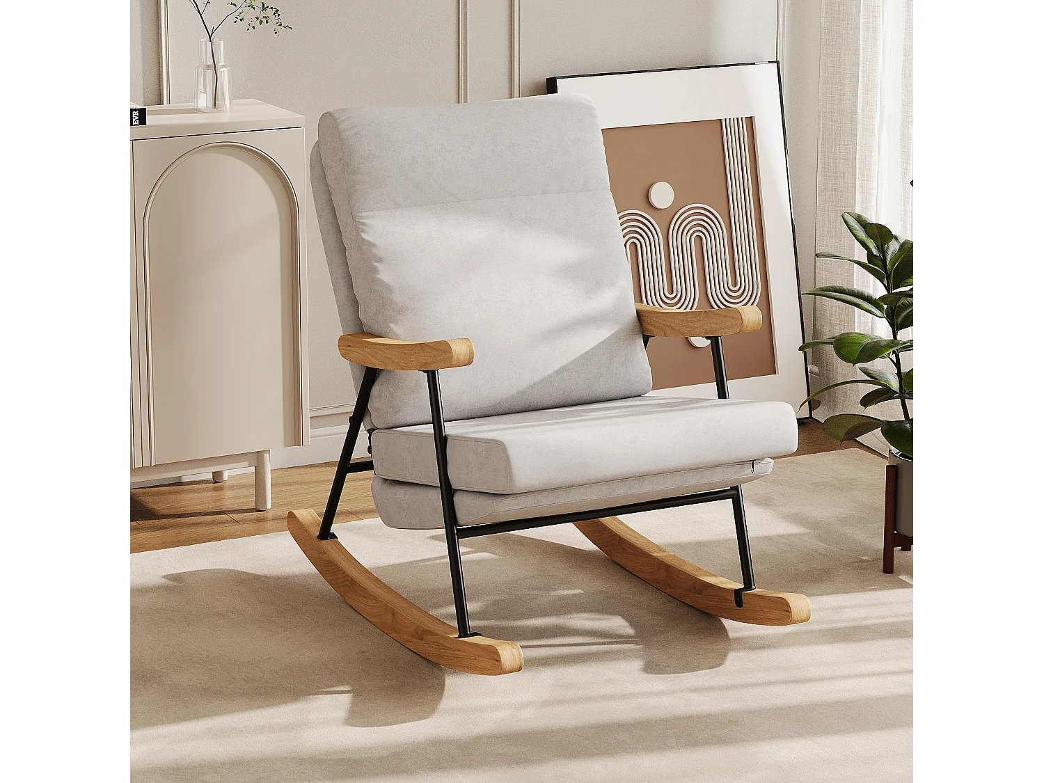 Fauteuil à bascule ergonomique en mélange coton-lin - gris - pour salon et balcon