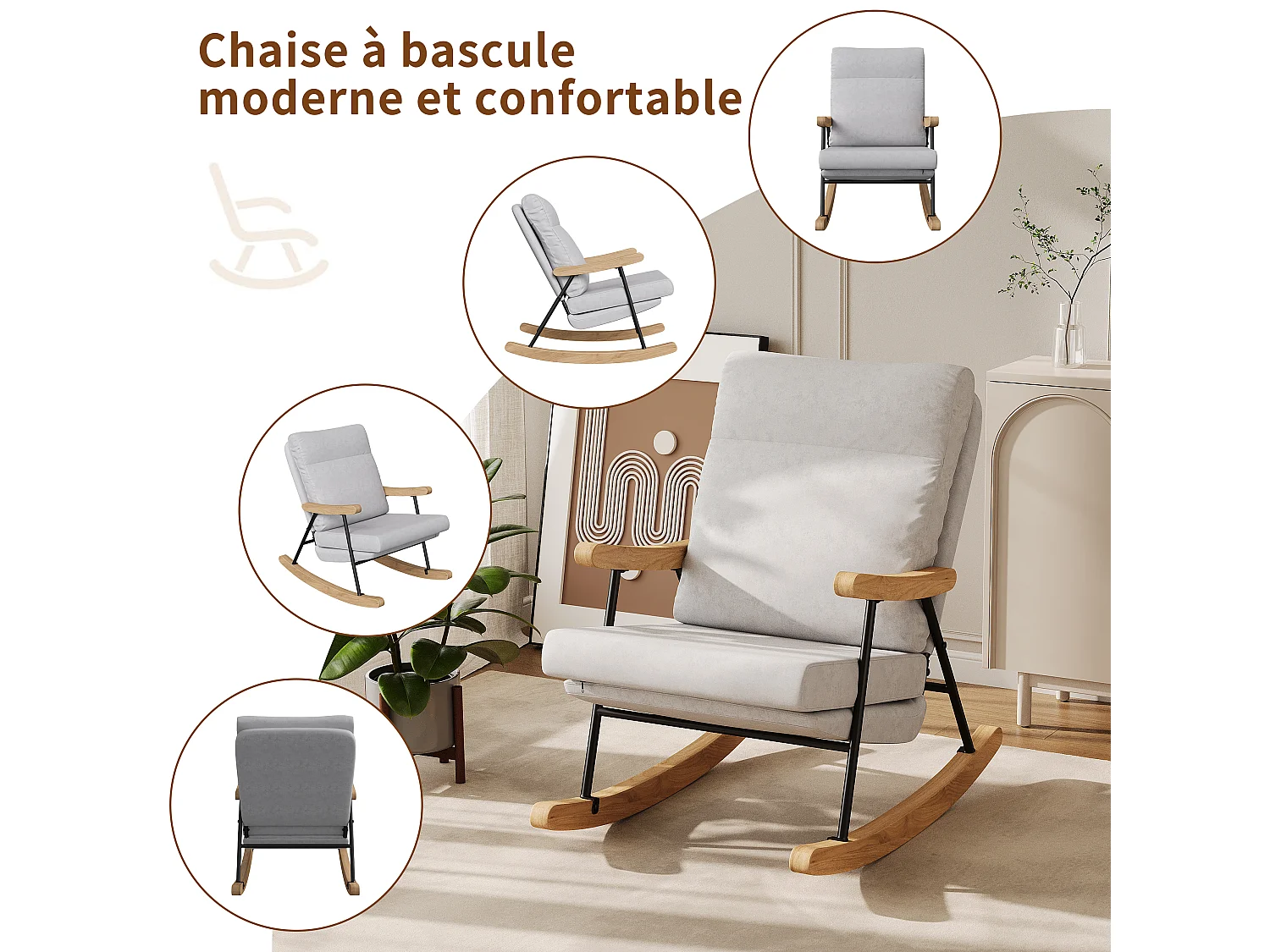 Fauteuil à bascule ergonomique en mélange coton-lin - gris - pour salon et balcon