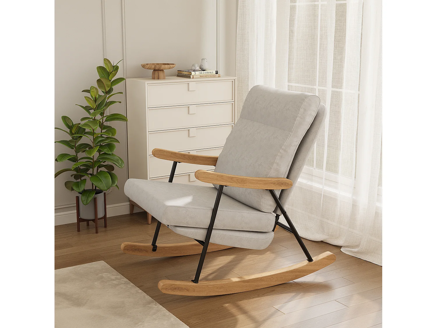 Fauteuil à bascule ergonomique en mélange coton-lin - gris - pour salon et balcon