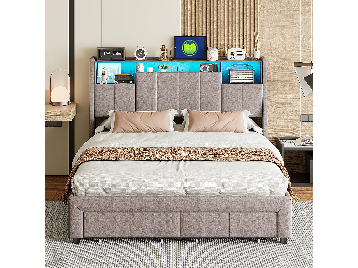 Lit 140x200 cm avec LED et ports USB, lit double avec 2 tiroirs, tête de lit pliable, lin, gris