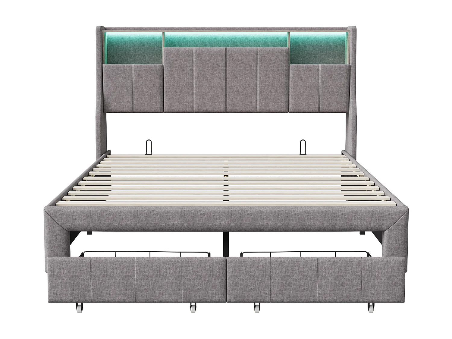 Lit 140x200 cm avec LED et ports USB, lit double avec 2 tiroirs, tête de lit pliable, lin, gris