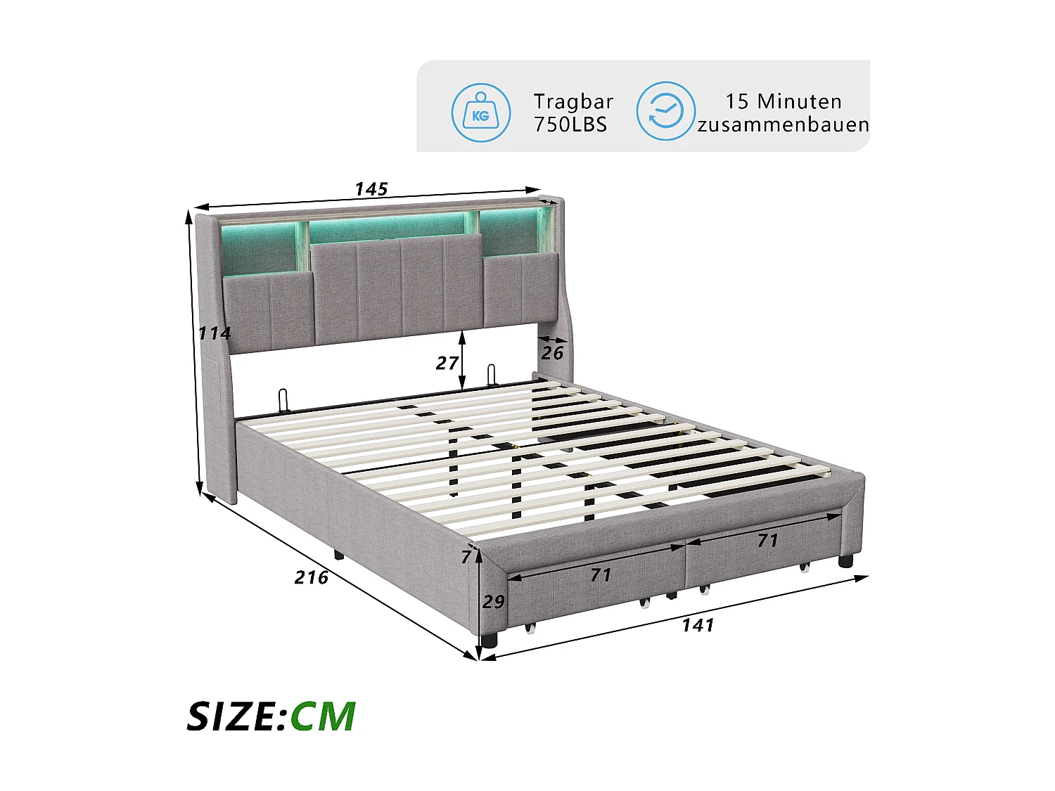 Lit 140x200 cm avec LED et ports USB, lit double avec 2 tiroirs, tête de lit pliable, lin, gris