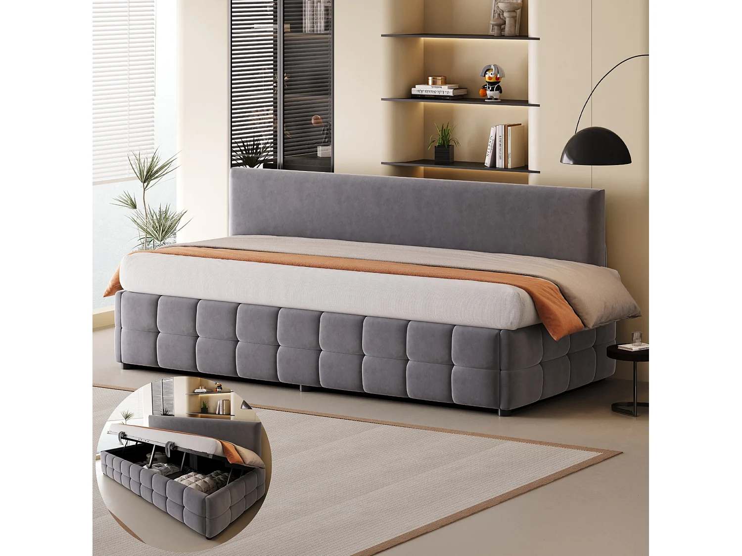 Canapé-lit capitonné 90 x 200 cm - avec rangement hydraulique -  dossier sans accoudoirs - lit simple - velours - Gris foncé