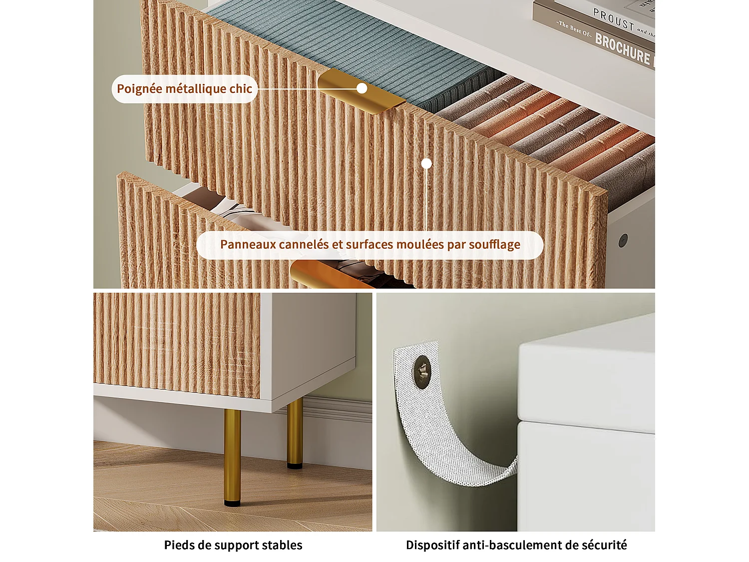 Commode à 5 tiroirs - à panneaux cannelés et pieds dorés - 60 x 34 x 109,8 cm