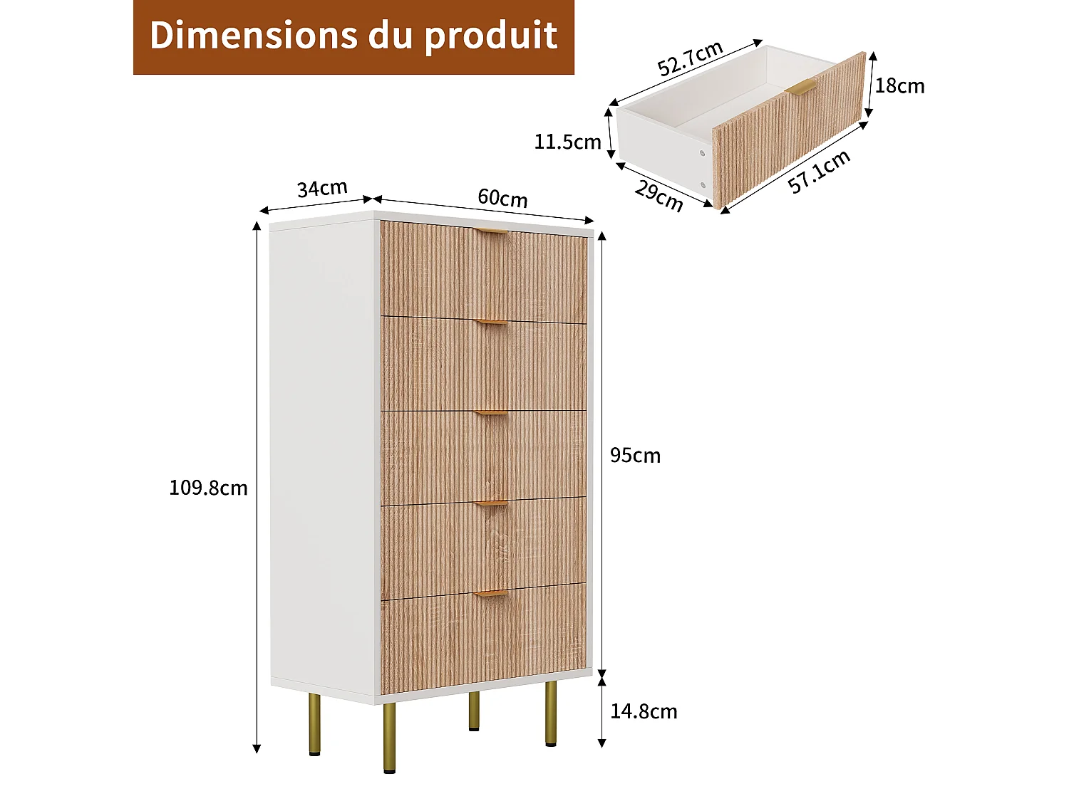 Commode à 5 tiroirs - à panneaux cannelés et pieds dorés - 60 x 34 x 109,8 cm