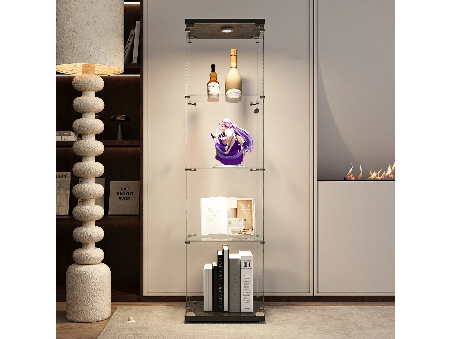 Vitrine vitrée - meuble indépendant pour collections avec éclairage LED - 1 porte et 4 étagères - vitrine pour figurines