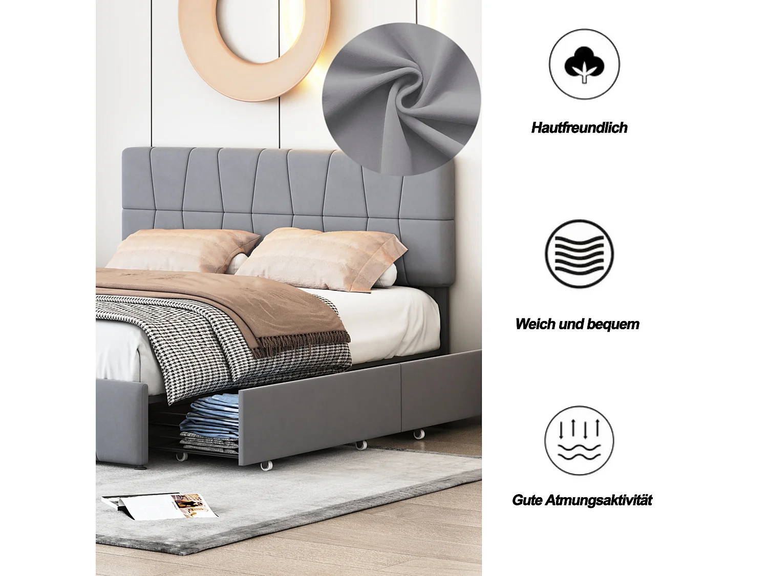 Lit double 160x200cm - avec rangement 4 tiroirs, lit avec sommier à lattes et cadre en métal - tête de lit réglable en hauteur - velours - gris