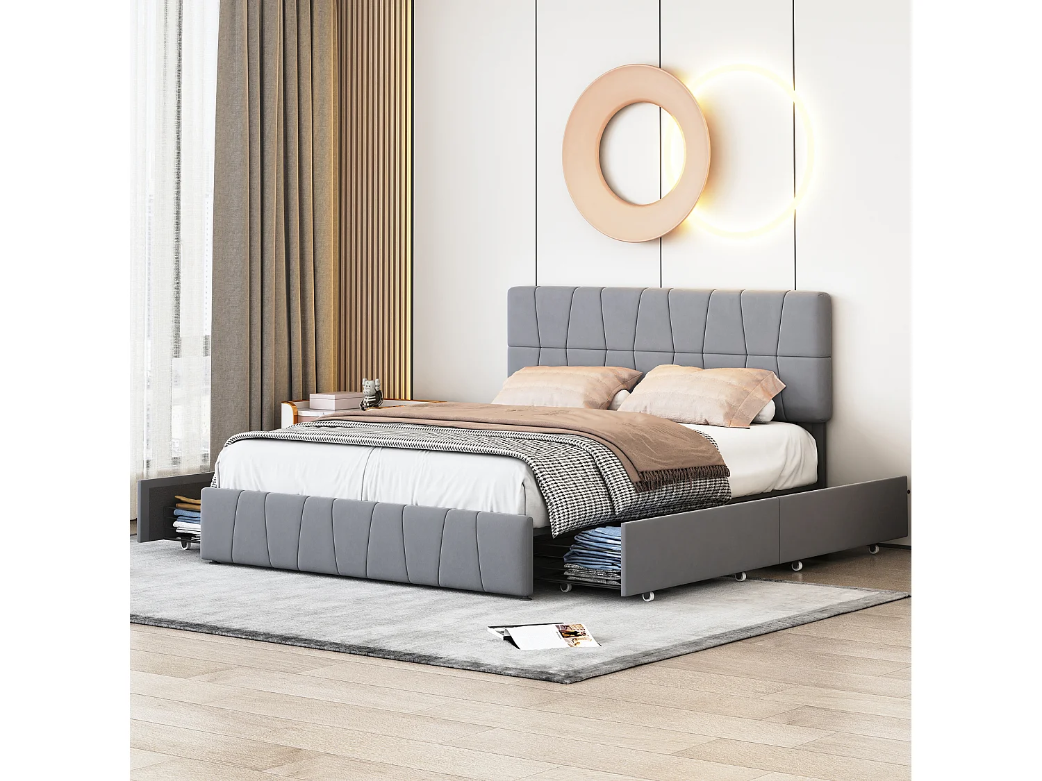 Lit double 160x200cm - avec rangement 4 tiroirs, lit avec sommier à lattes et cadre en métal - tête de lit réglable en hauteur - velours - gris