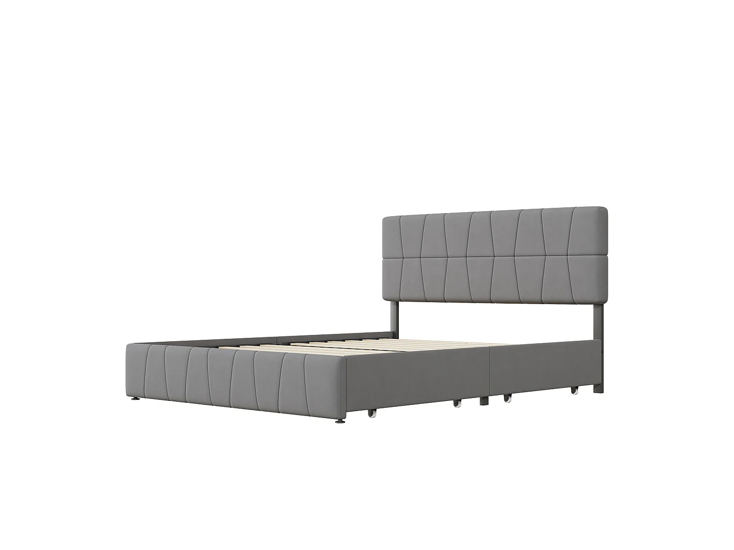 Lit double 160x200cm - avec rangement 4 tiroirs, lit avec sommier à lattes et cadre en métal - tête de lit réglable en hauteur - velours - gris