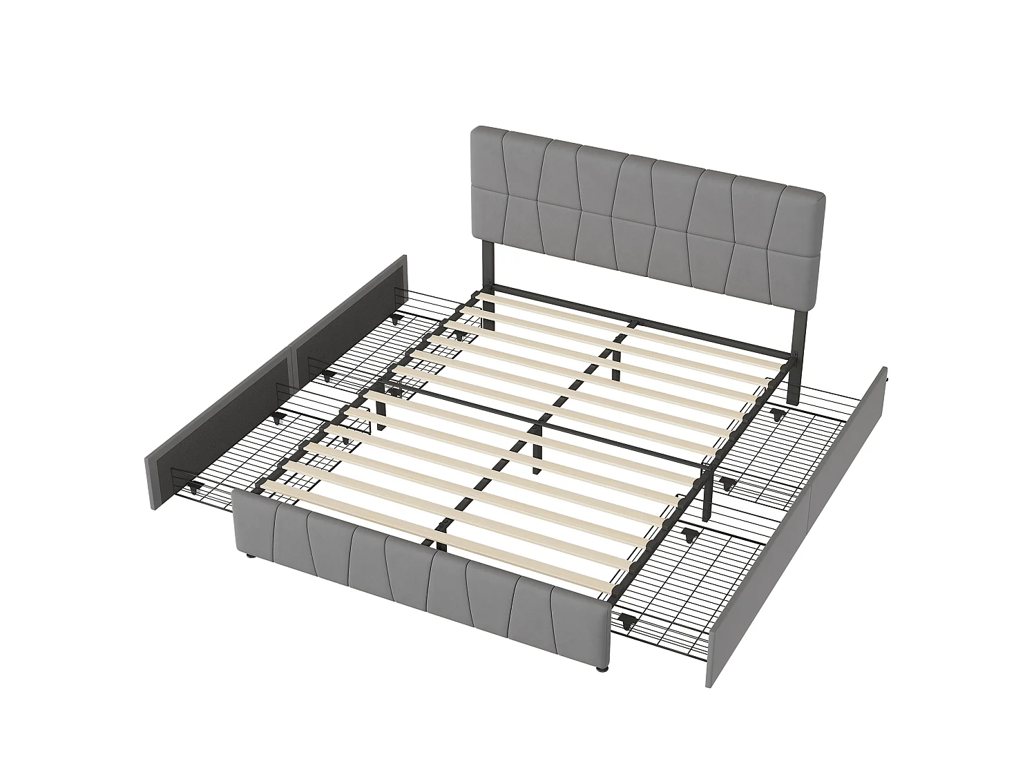 Lit double 160x200cm - avec rangement 4 tiroirs, lit avec sommier à lattes et cadre en métal - tête de lit réglable en hauteur - velours - gris