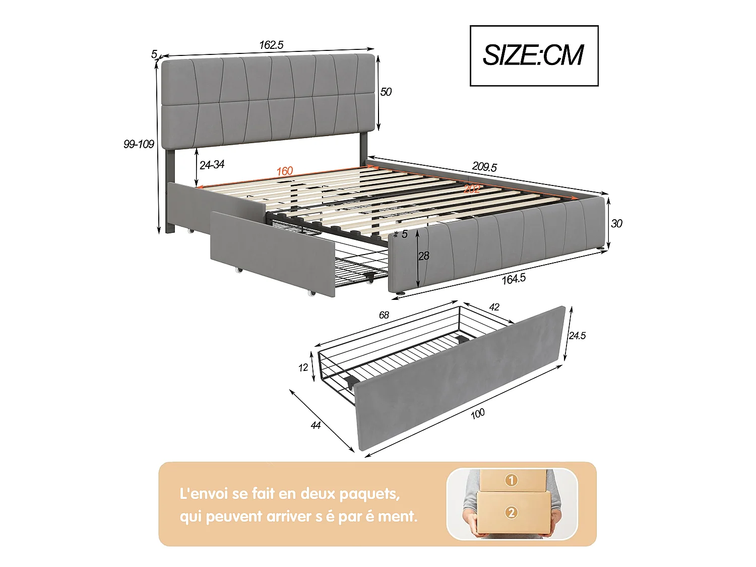 Lit double 160x200cm - avec rangement 4 tiroirs, lit avec sommier à lattes et cadre en métal - tête de lit réglable en hauteur - velours - gris