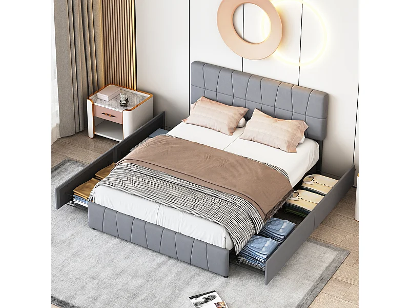 Lit double 160x200cm - avec rangement 4 tiroirs, lit avec sommier à lattes et cadre en métal - tête de lit réglable en hauteur - velours - gris