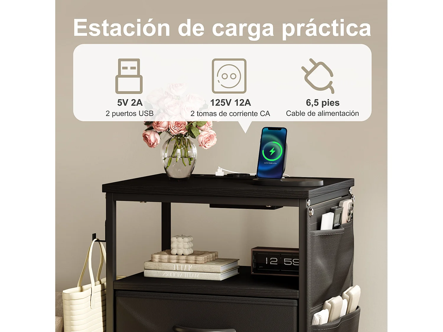 Commode à 4 tiroirs en tissu et 4 poches latérales - table de chevet avec port USB et éclairage LED - meuble à tiroirs avec 2 crochets - noir