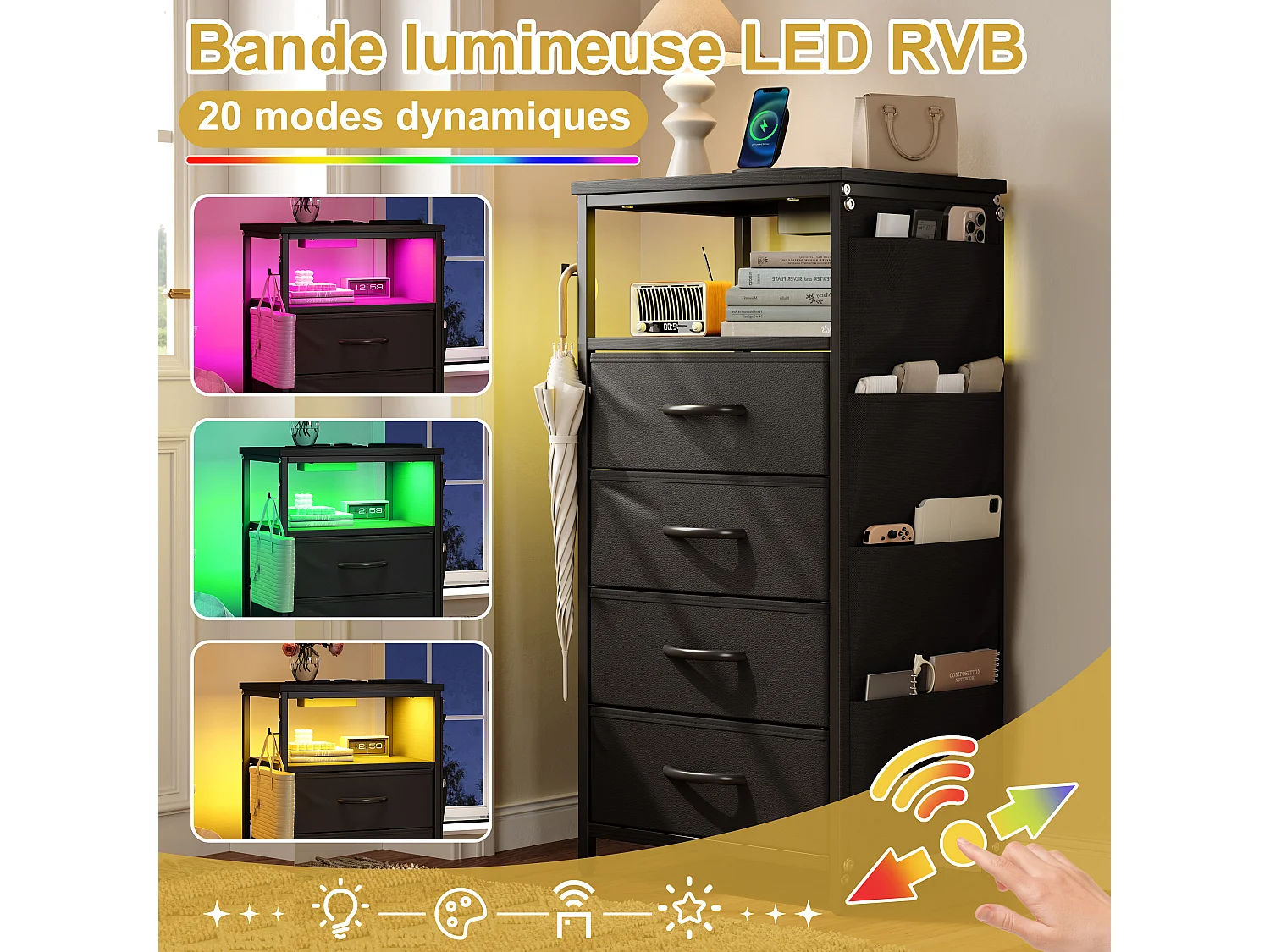 Commode à 4 tiroirs en tissu et 4 poches latérales - table de chevet avec port USB et éclairage LED - meuble à tiroirs avec 2 crochets - noir