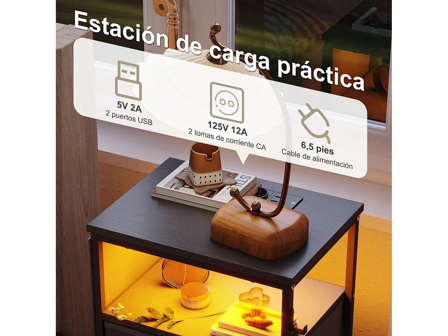 Commode à 4 tiroirs en tissu et 4 poches latérales - table de chevet avec port USB et éclairage LED - meuble à tiroirs avec 2 crochets - noir