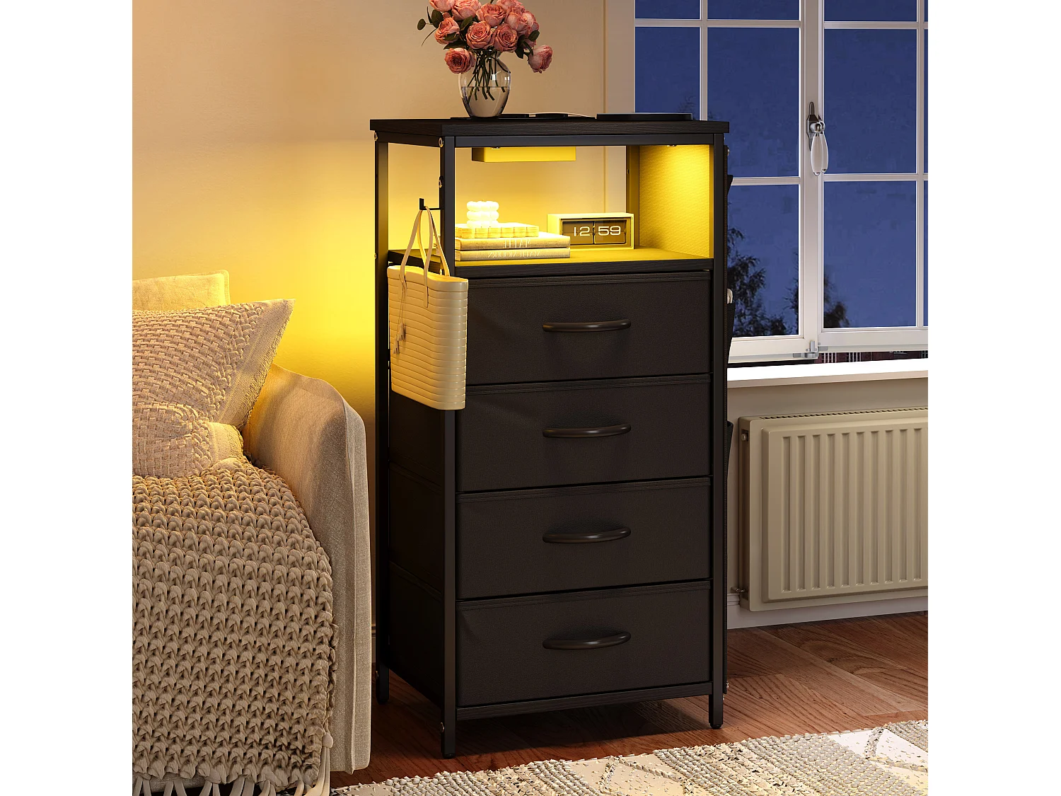 Commode à 4 tiroirs en tissu et 4 poches latérales - table de chevet avec port USB et éclairage LED - meuble à tiroirs avec 2 crochets - noir