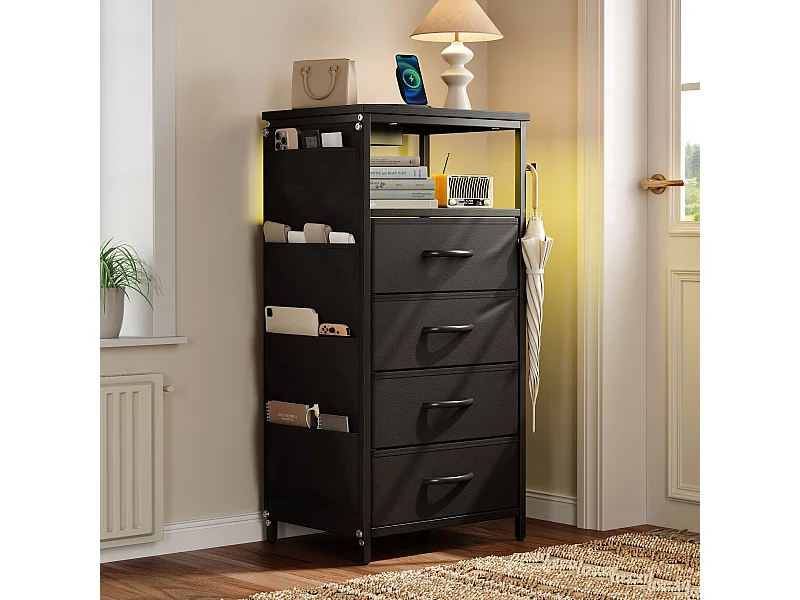 Commode à 4 tiroirs en tissu et 4 poches latérales - table de chevet avec port USB et éclairage LED - meuble à tiroirs avec 2 crochets - noir