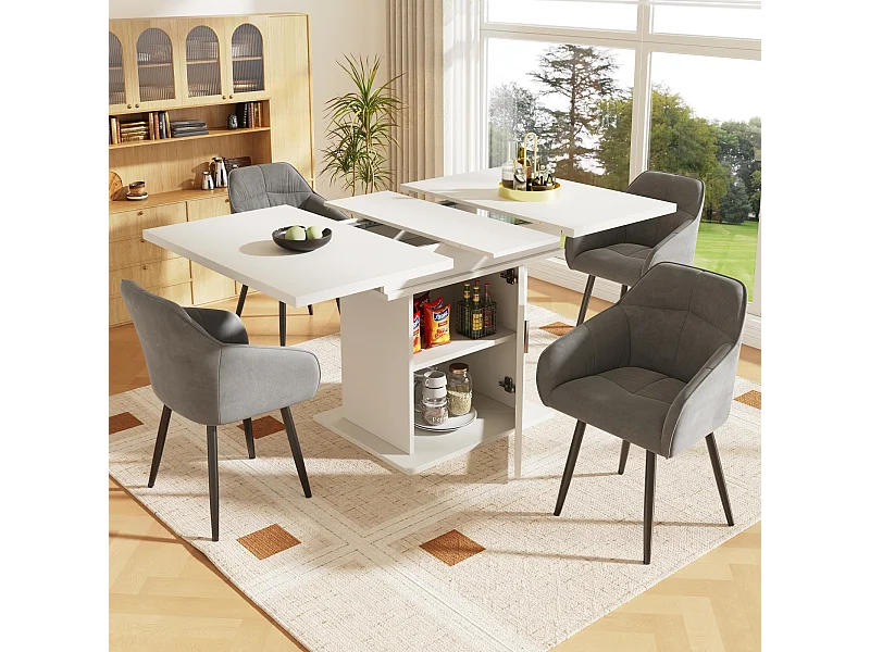 Table de salle à manger extensible - trois étagères de rangement intégrées réglables en hauteur - 110/140×80×76cm - blanc
