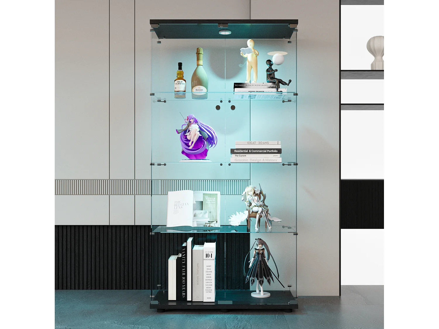 Vitrine en Verre - Vitrine Armoire pour Collection avec Portes - Éclairage LED - 2 portes 4 étages - 80.5×36.5×164cm - Noir
