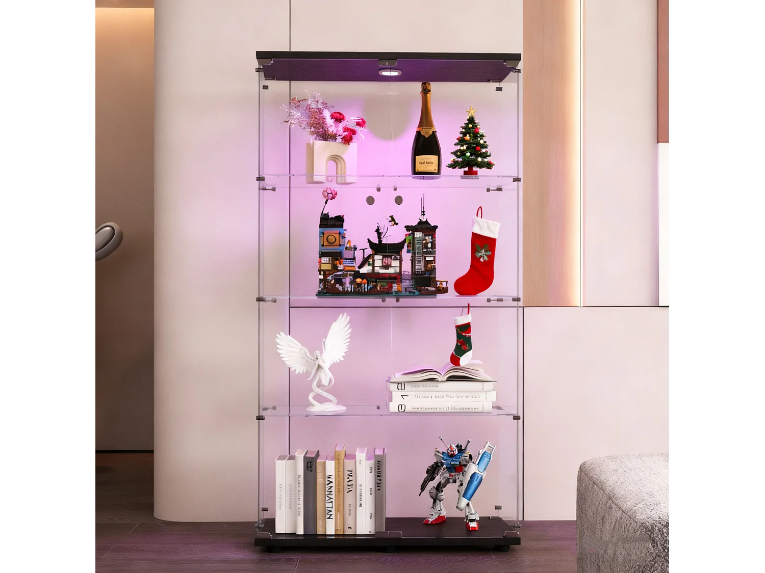 Vitrine en Verre - Vitrine Armoire pour Collection avec Portes - Éclairage LED - 2 portes 4 étages - 80.5×36.5×164cm - Noir