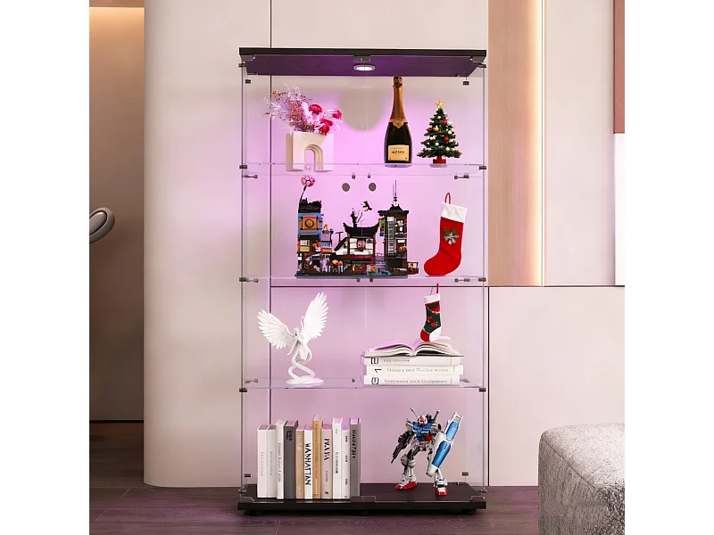 Vitrine en Verre - Vitrine Armoire pour Collection avec Portes - Éclairage LED - 2 portes 4 étages - 80.5×36.5×164cm - Noir