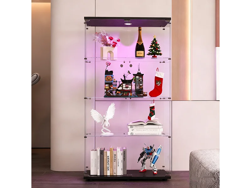 Vitrine en Verre - Vitrine Armoire pour Collection avec Portes - Éclairage LED - 2 portes 4 étages - 80.5×36.5×164cm - Noir