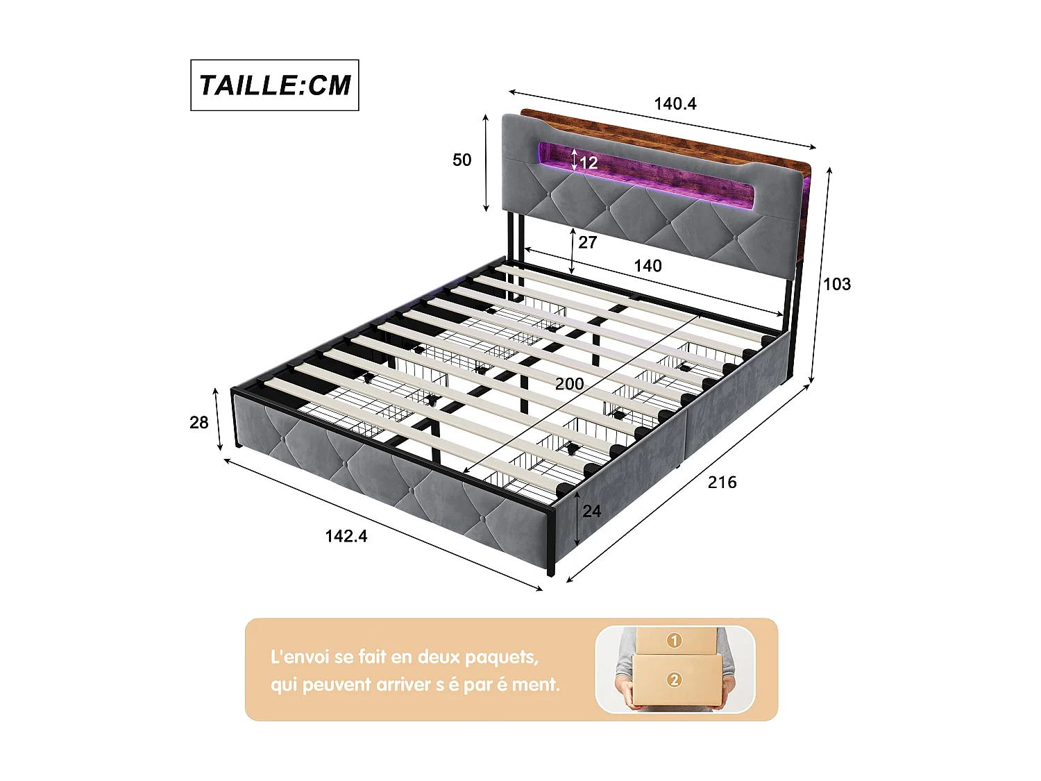 Lit double 140x200 cm - lit avec éclairage LED et port USB - lit coffre avec 4 tiroirs - velours - Gris