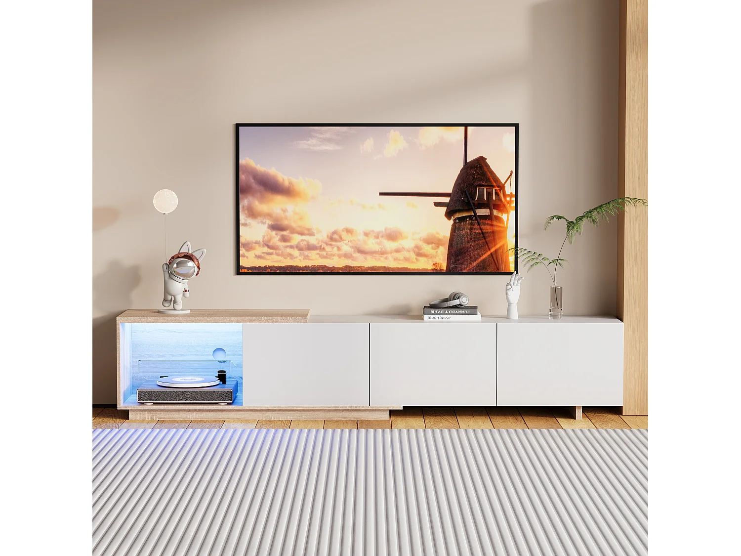 Meuble TV LED - avec 3 tiroirs - bois - blanc - 240 × 38 × 44 cm