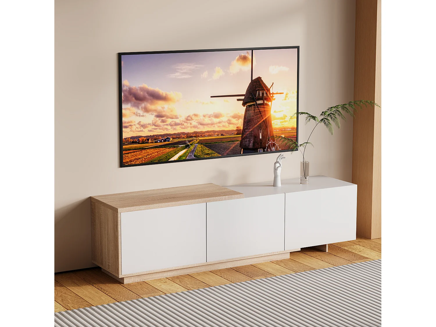 Meuble TV LED - avec 3 tiroirs - bois - blanc - 240 × 38 × 44 cm